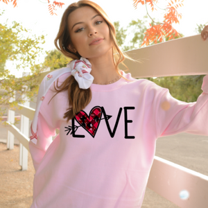 Love Distressed Plaid Heart Crewneck Sweatshirt