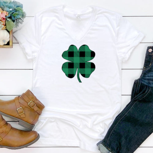 V-Neck: Green & Black Plaid Clover