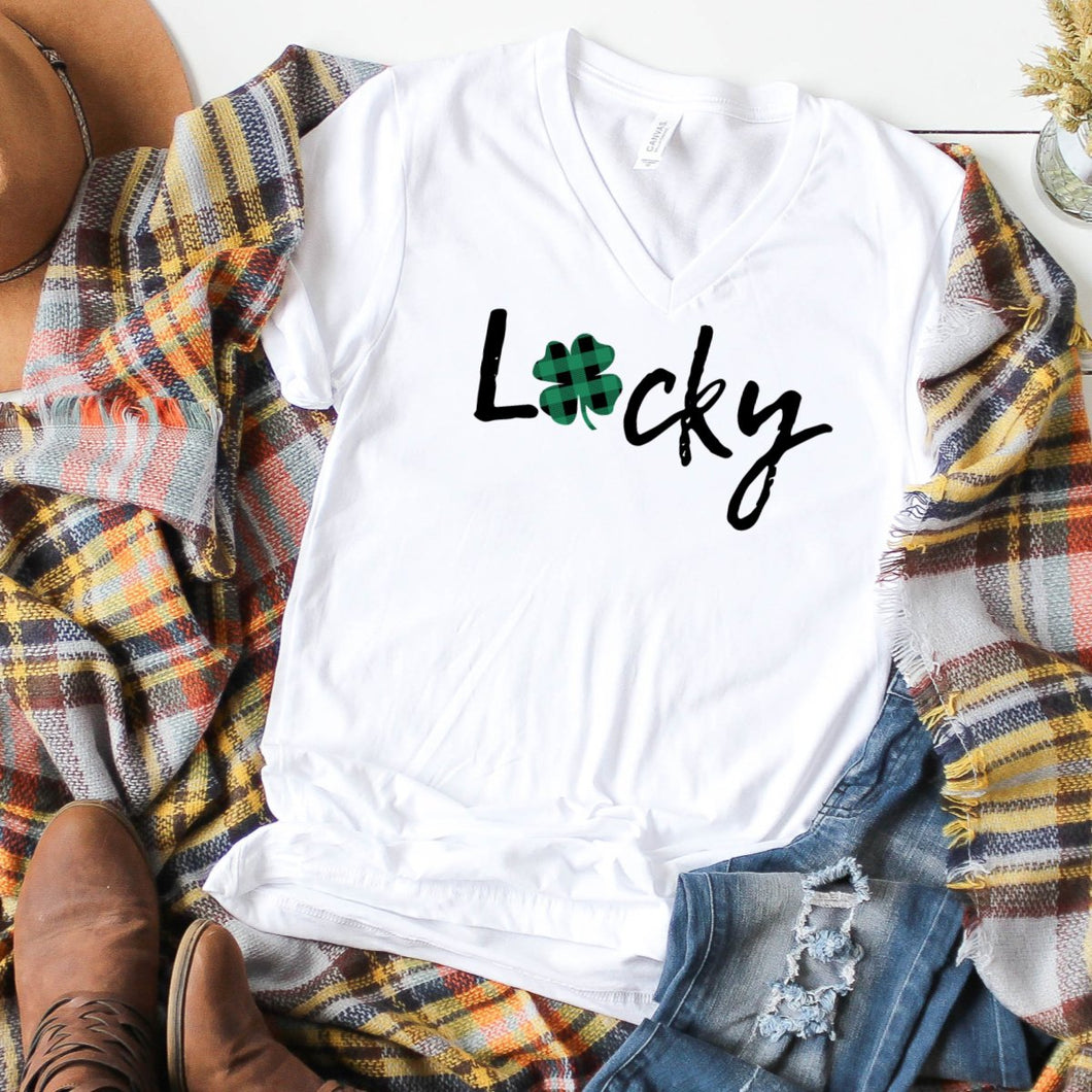 V-Neck: Lucky Plaid Clover