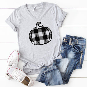 V-Neck: Black Plaid Pumpkin-Plus Sizes