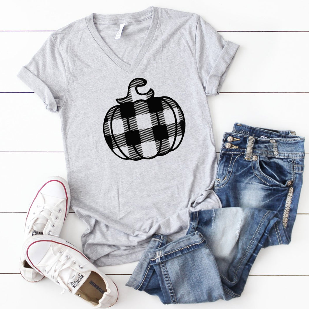 V-Neck: Black Plaid Pumpkin-Plus Sizes