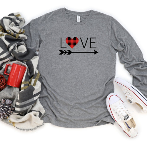 Long Sleeve: Love With Buffalo Plaid Heart And Arrow