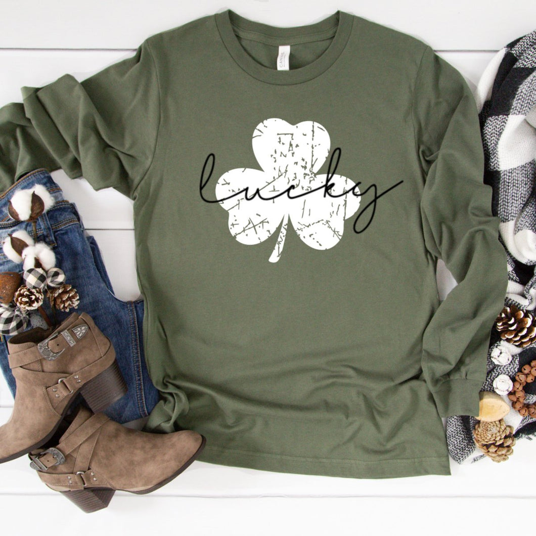 Long Sleeve: Lucky White Distressed Shamrock