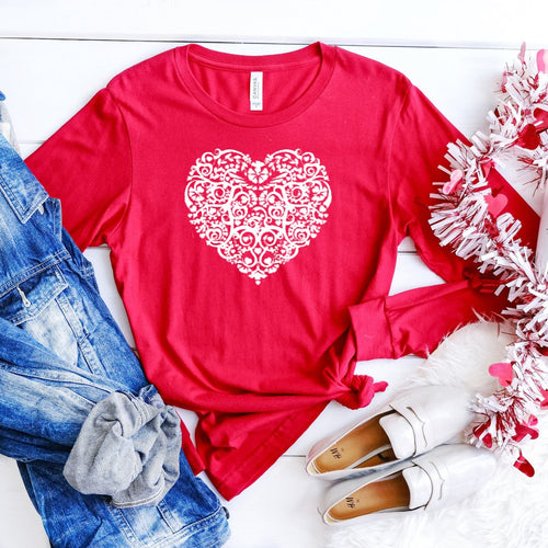 Long Sleeve: White Damask Heart